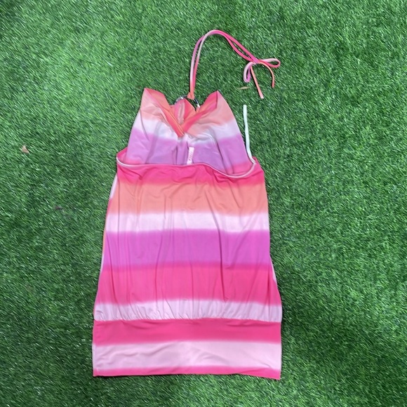 Pink and pastel striped halter top with metal ring detail. - Picture 2 of 5